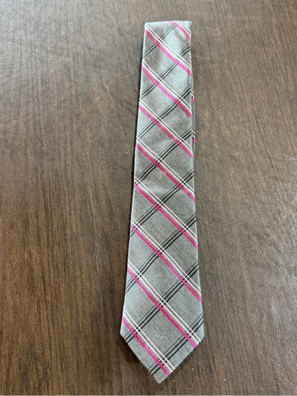 Express Gray Tie with Pink and Black Plaid Stripes 100% Silk